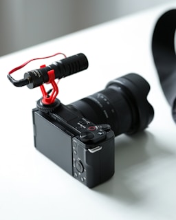 A camera sitting on top of a white table