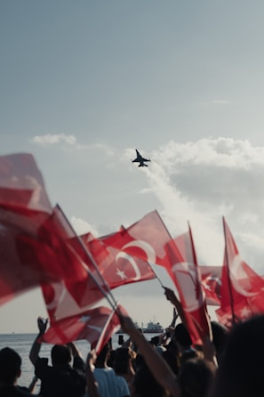 A group of people waving flags and a plane in the sky