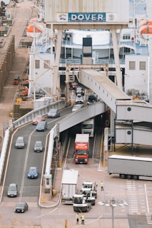 An overhead view of a highway with cars and trucks