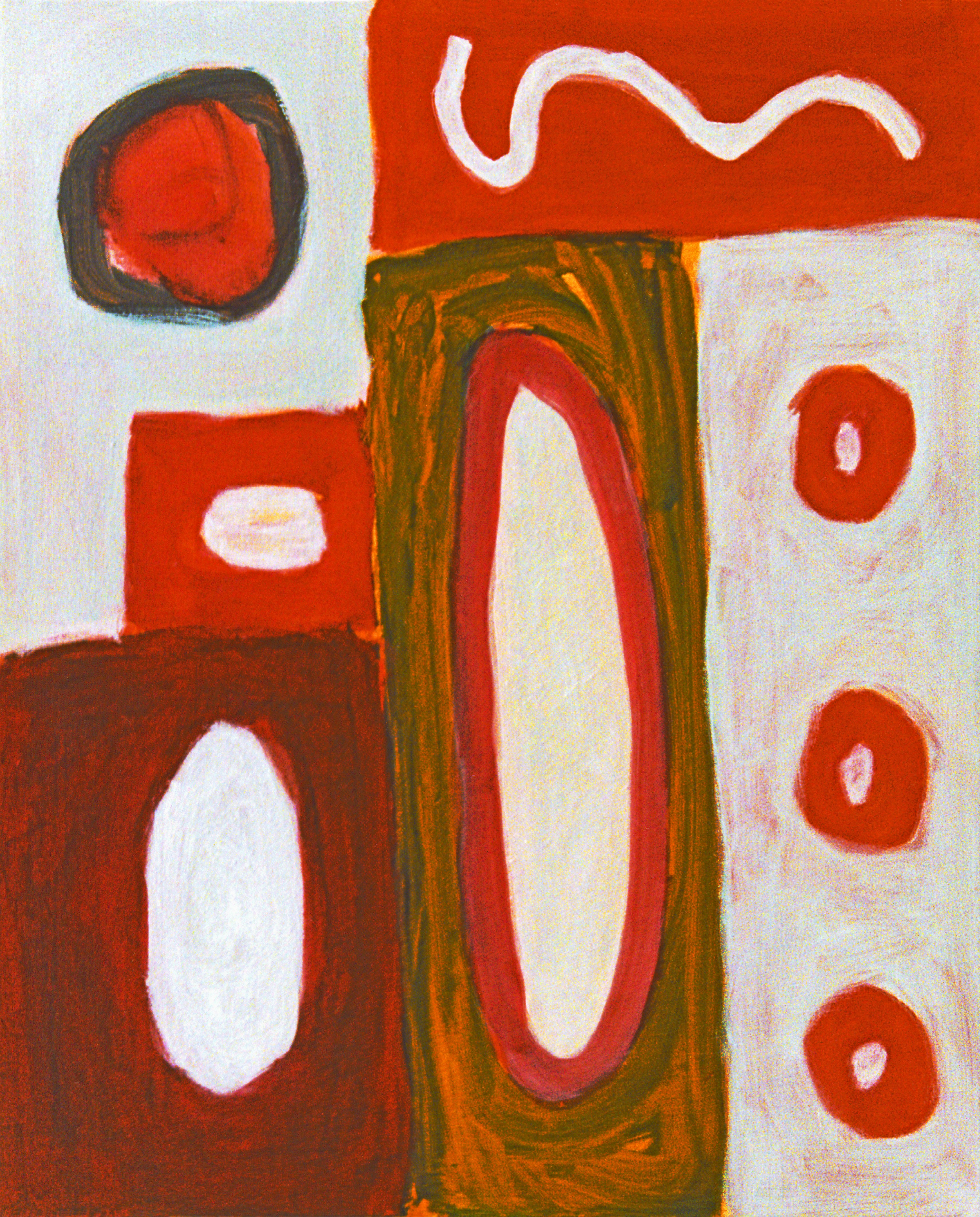 A painting of red, white, and brown shapes