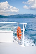 A life preserver on a boat in the ocean