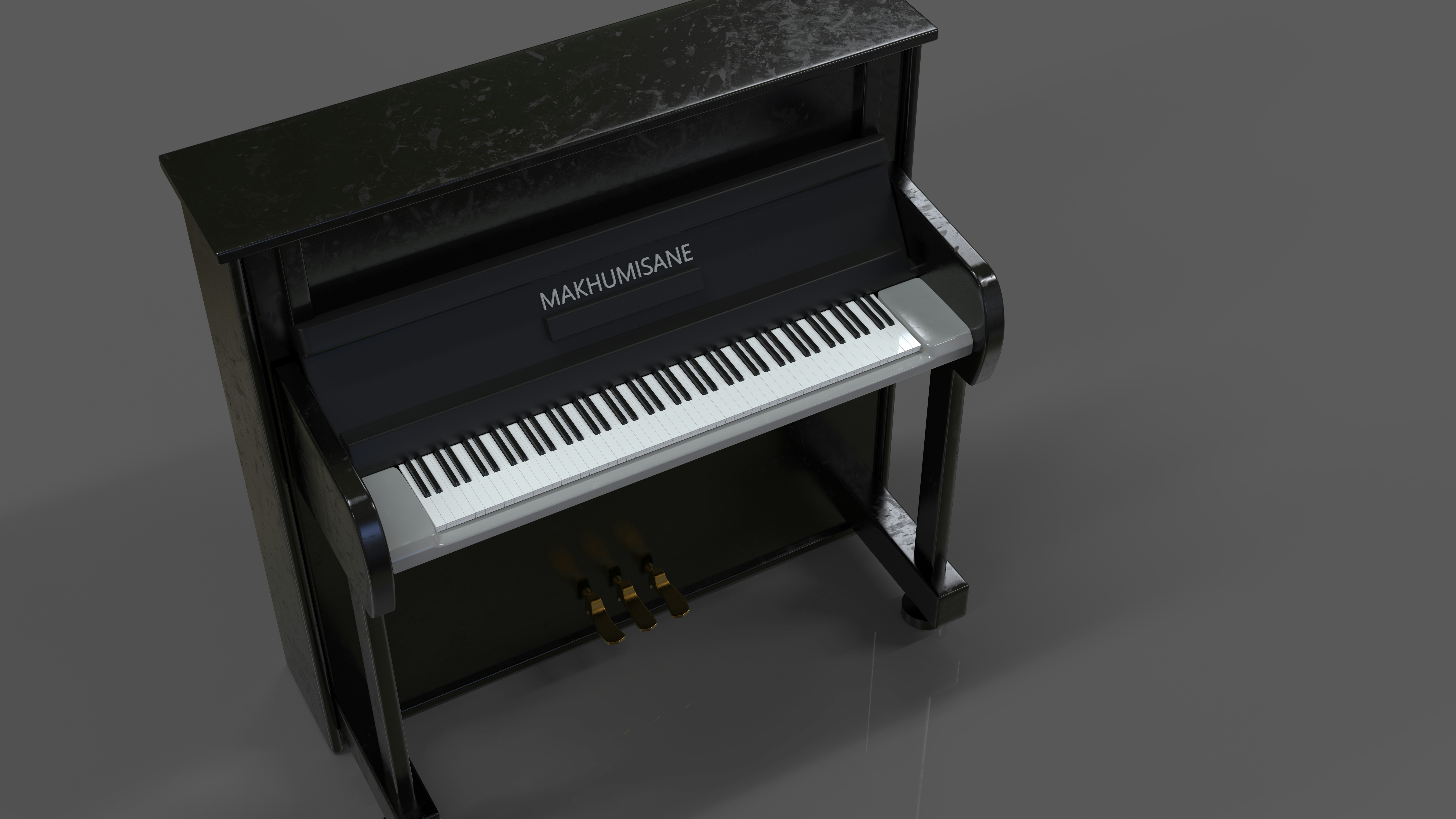 A black piano sitting on top of a gray floor