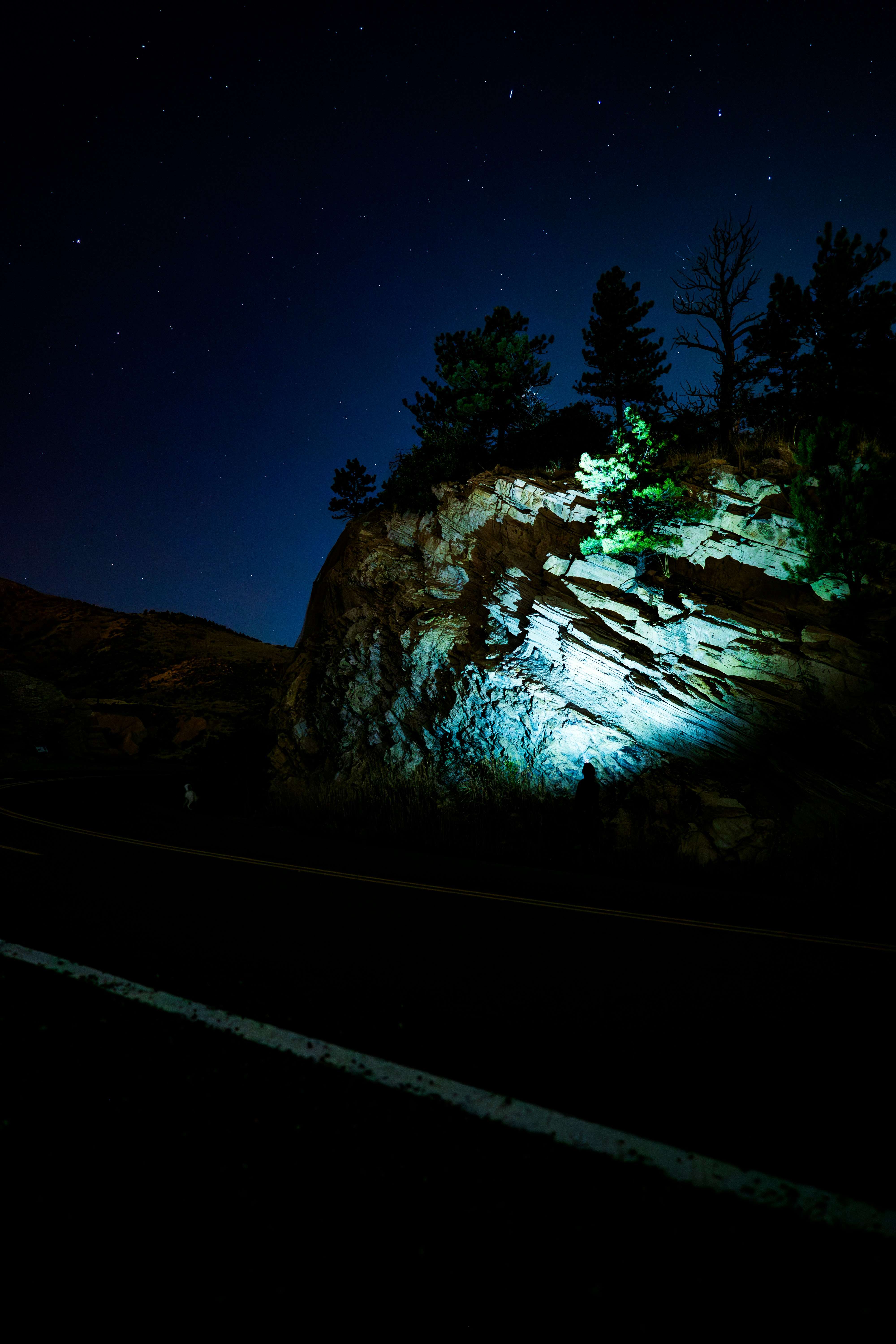 A rock with trees on it lit up at night