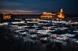 An aerial view of a market at night