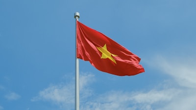 A chinese flag flying high in the sky