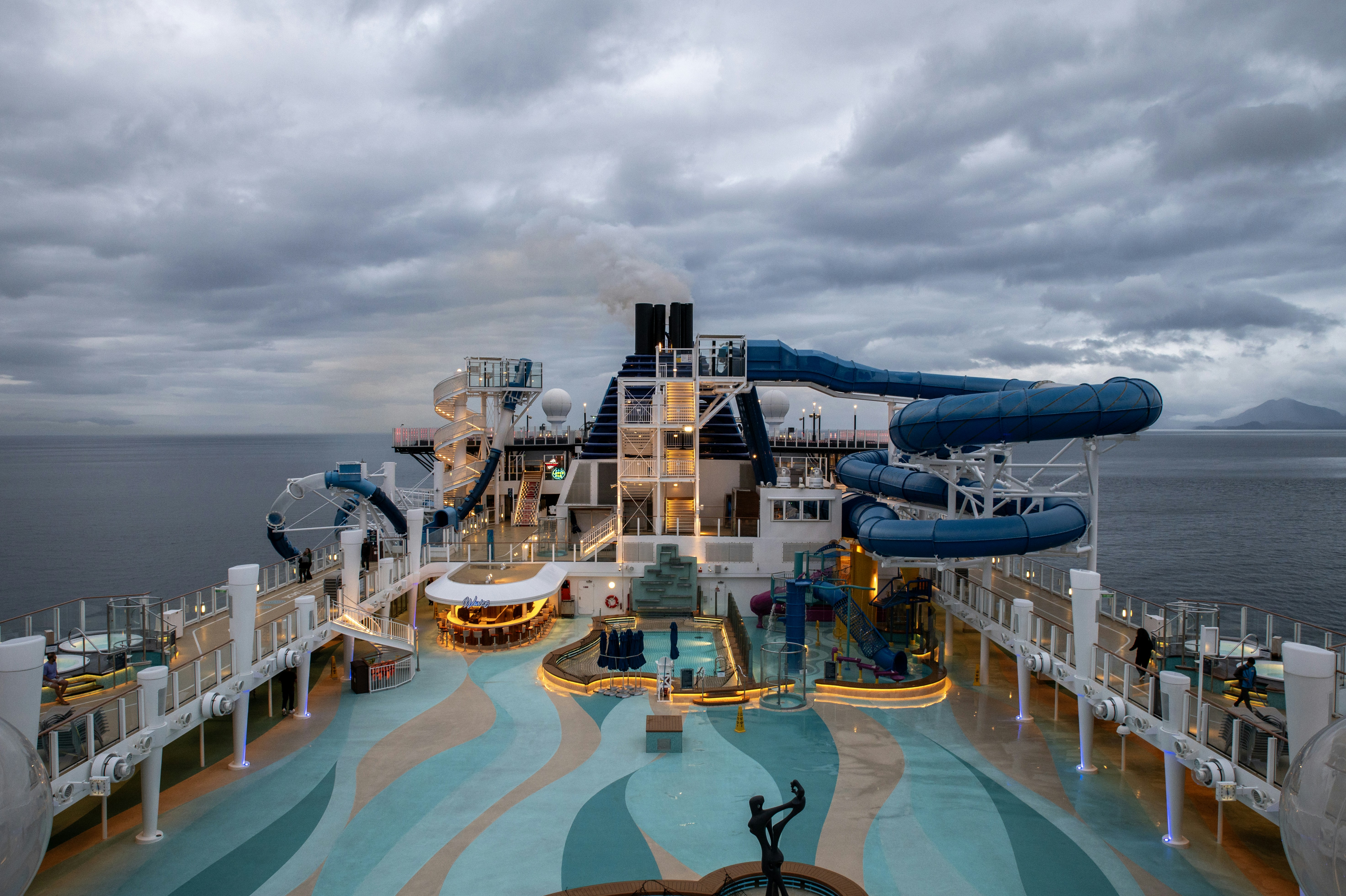 A water slide on the back of a cruise ship