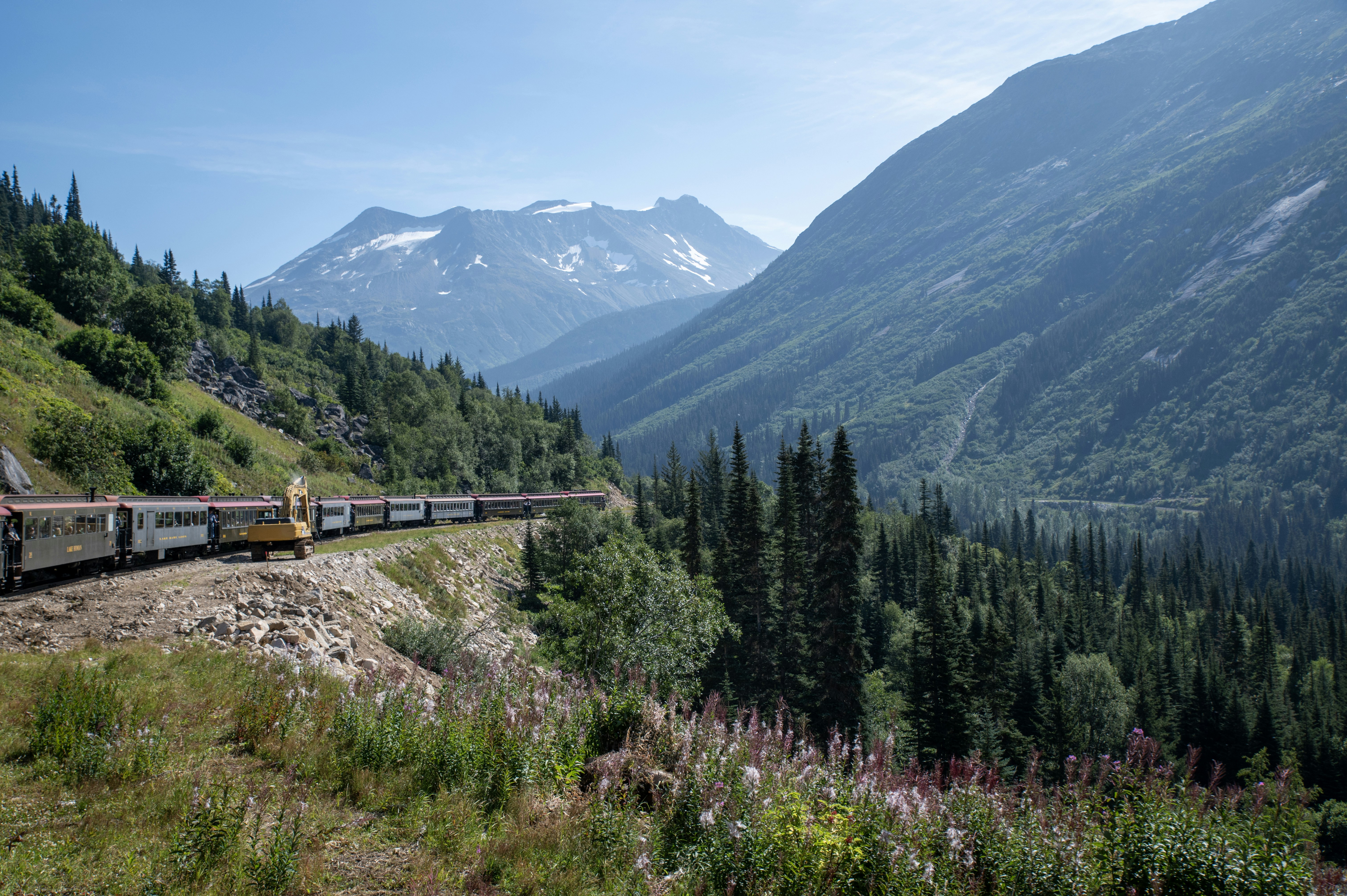 A train traveling through a lush green hillside, 