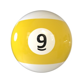 A yellow and white pool ball with the number nine on it