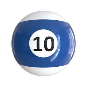 A blue and white pool ball with the number ten on it
