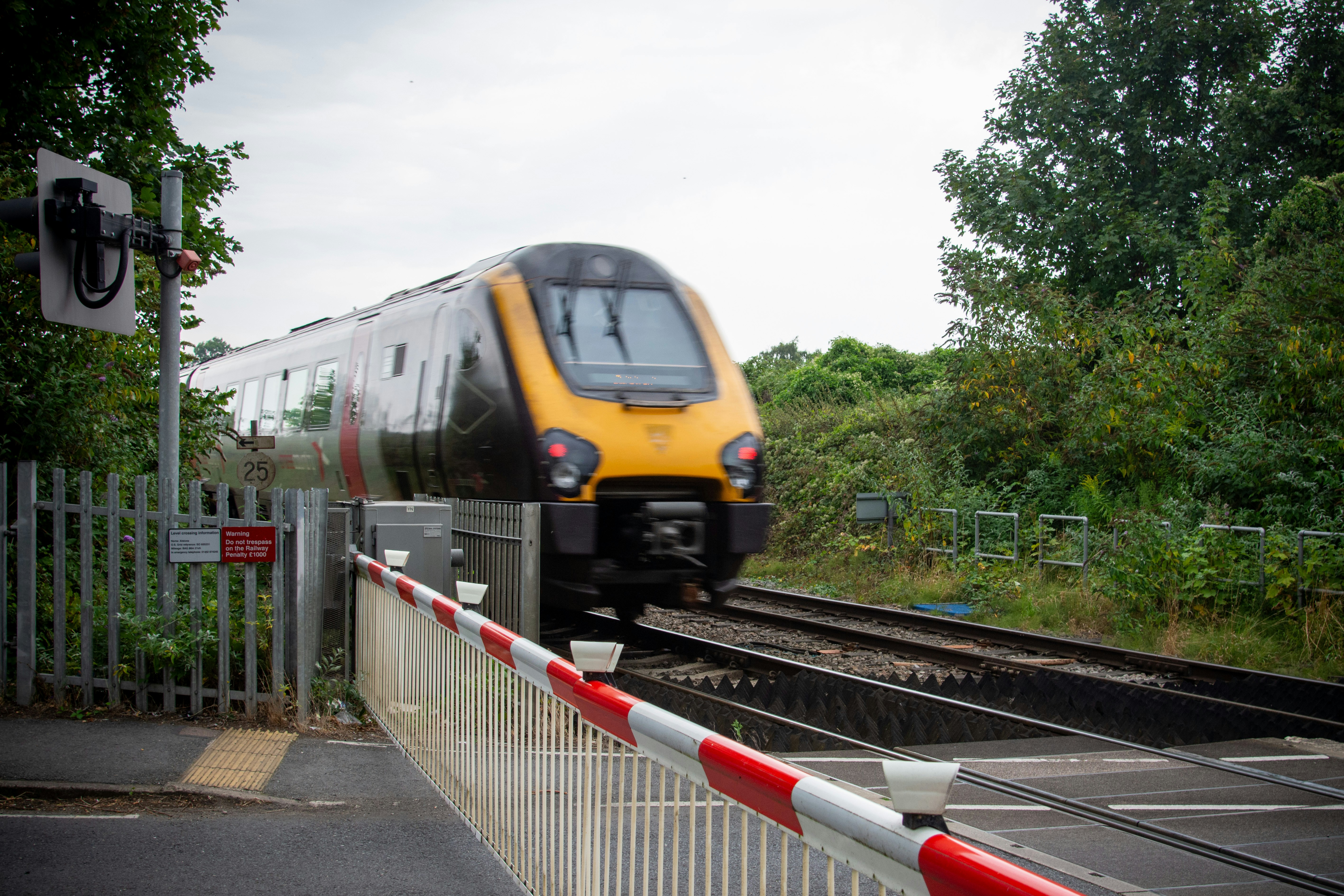 A yellow train traveling down train tracks next to a forest