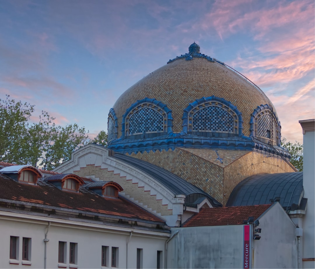 A building with a dome on top of it, Détail de la coupole de style Néo-Byzantin du Centre Thermal des Dômes de Vichy.