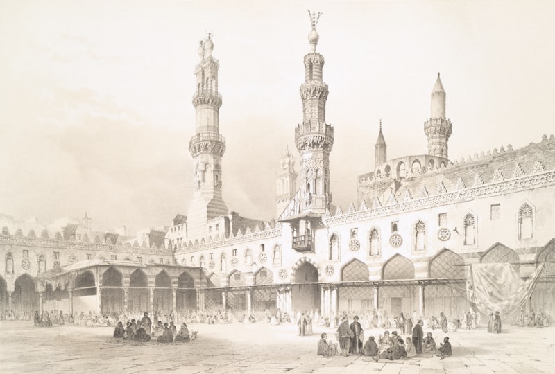 Al-Azhar Mosque minarets and courtyard in Islamic Cairo