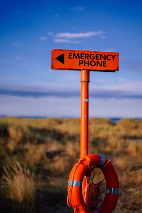 A life preserver with an emergency phone sign on it