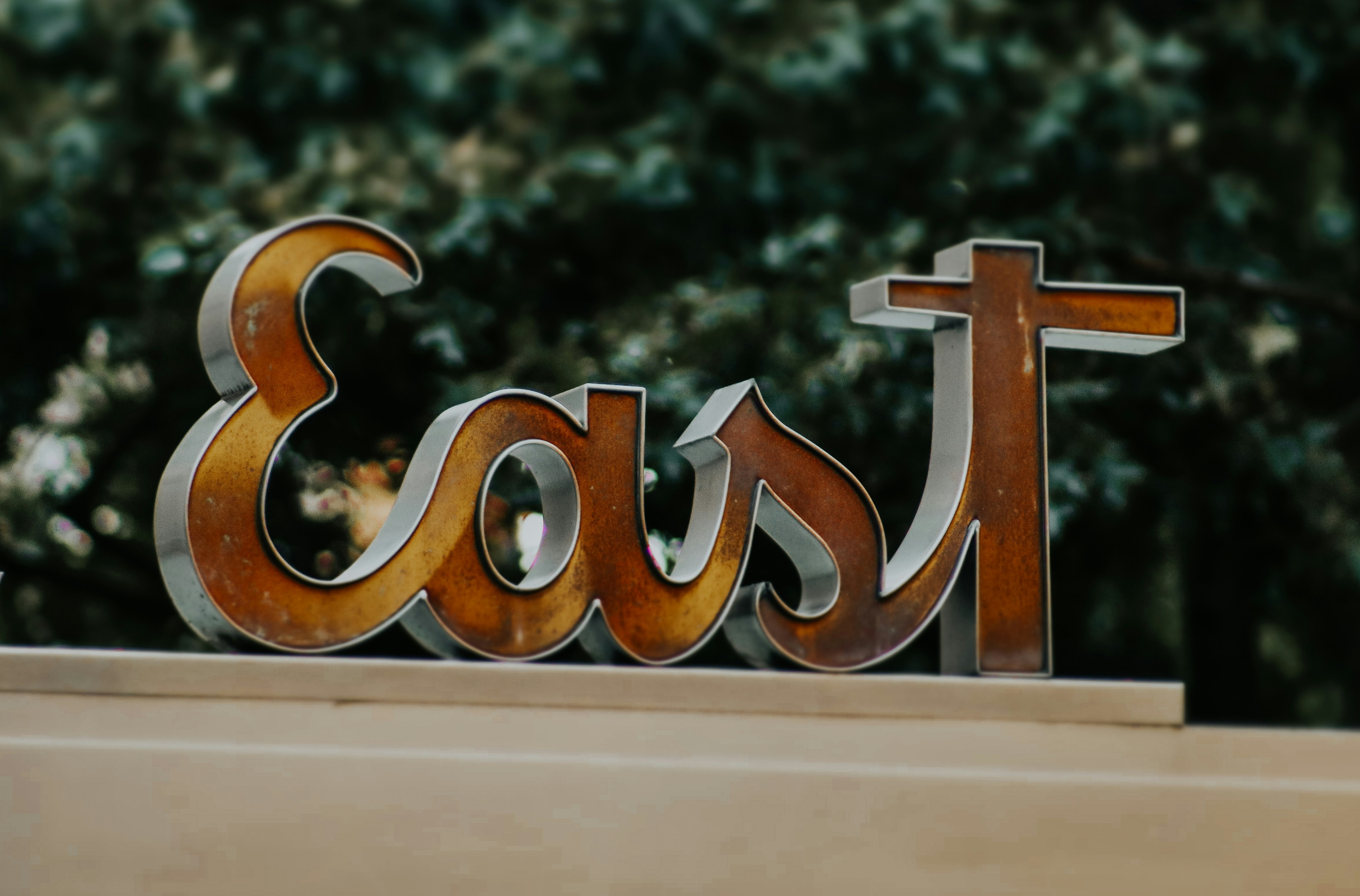 A close up of a metal sign with trees in the background
