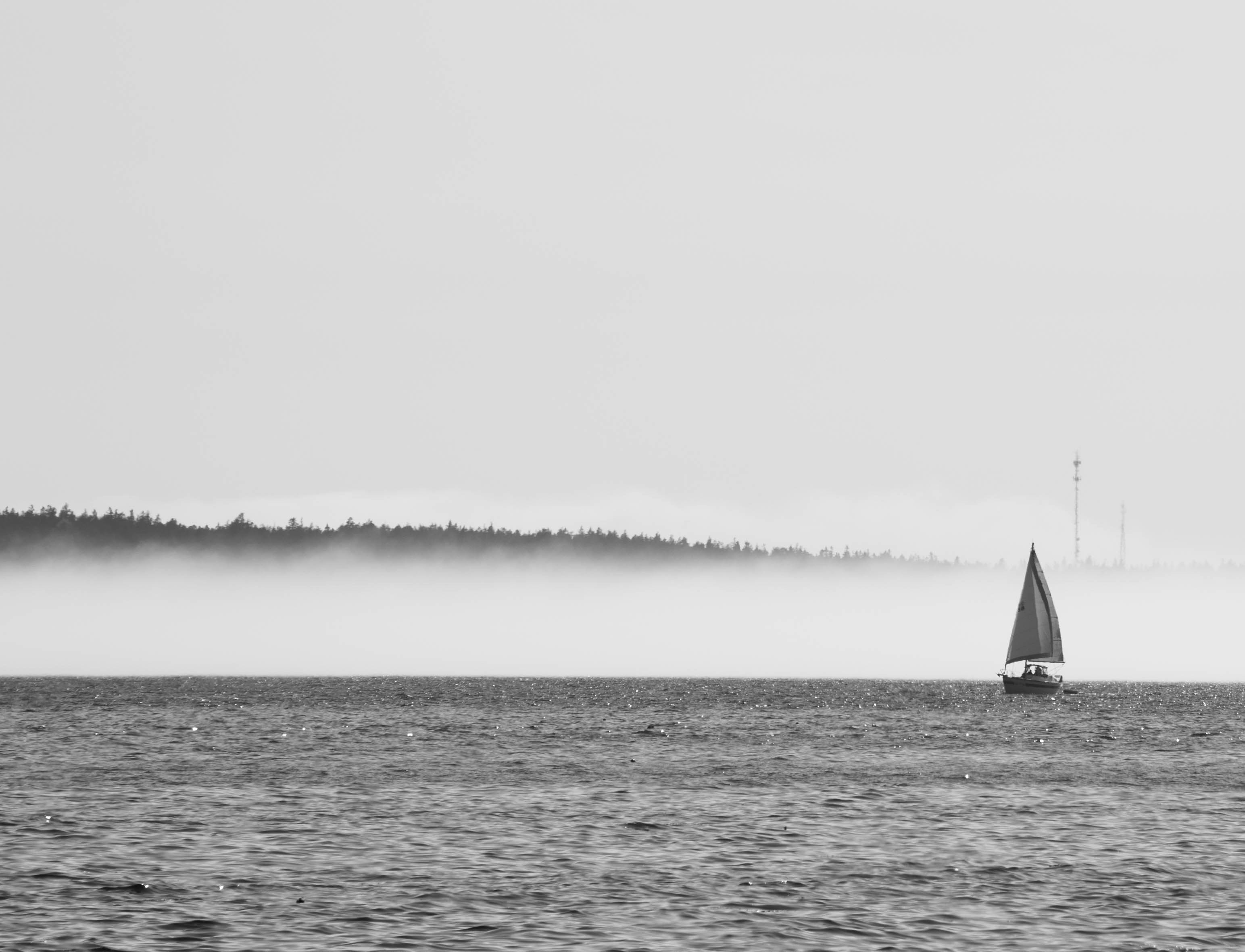 A black and white photo of a sailboat on the water
