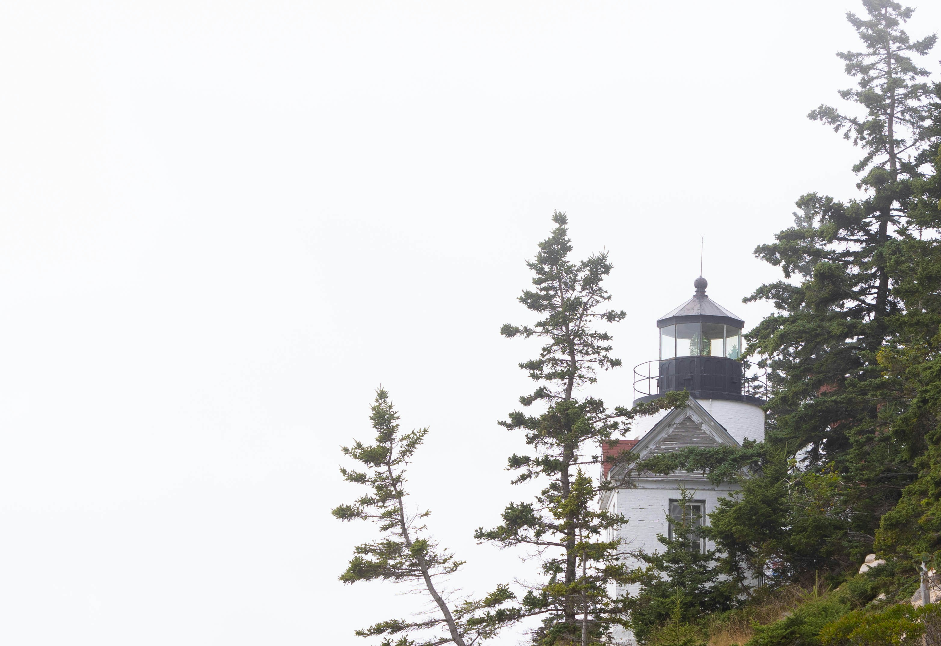 A lighthouse on top of a hill with trees around it, 