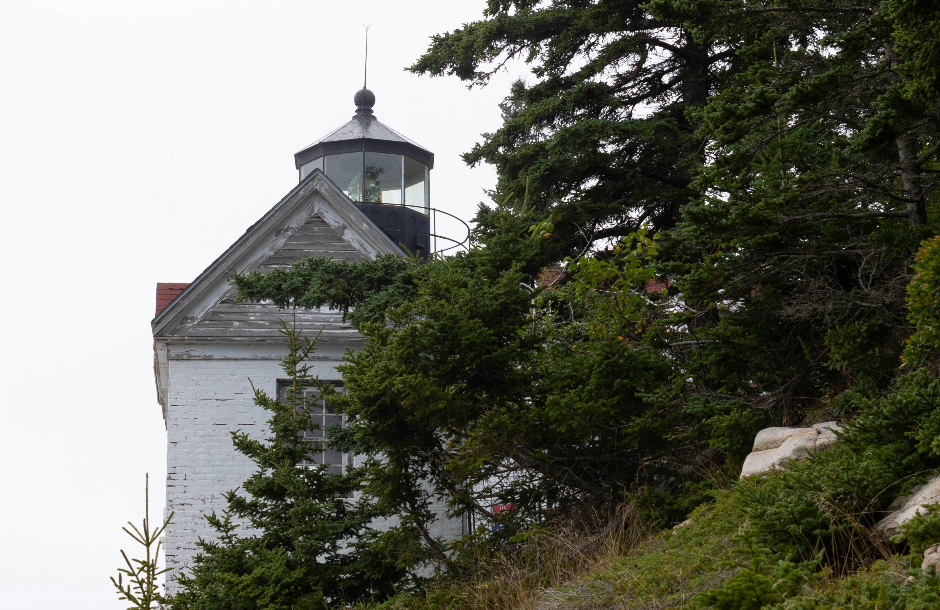 A lighthouse on top of a hill surrounded by trees