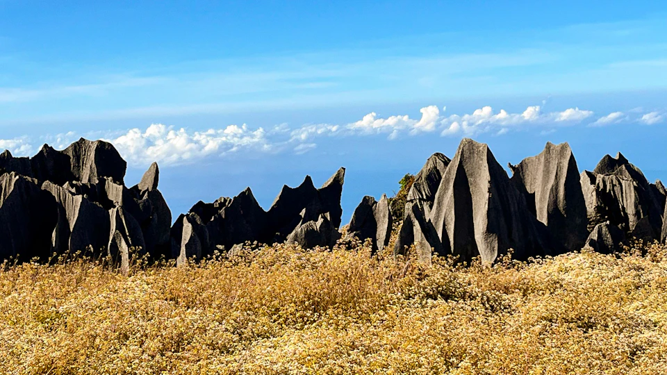 The image depicts a rugged landscape with a rocky cliff face composed of large, jagged rocks and boulders. The cliff is situated on a hillside, providing a stark contrast to the surrounding area. The sky above is clear blue, dotted with fluffy white clouds that add depth to the scene. In the foreground, there are patches of dry grass scattered across the landscape, adding texture and scale to the image.