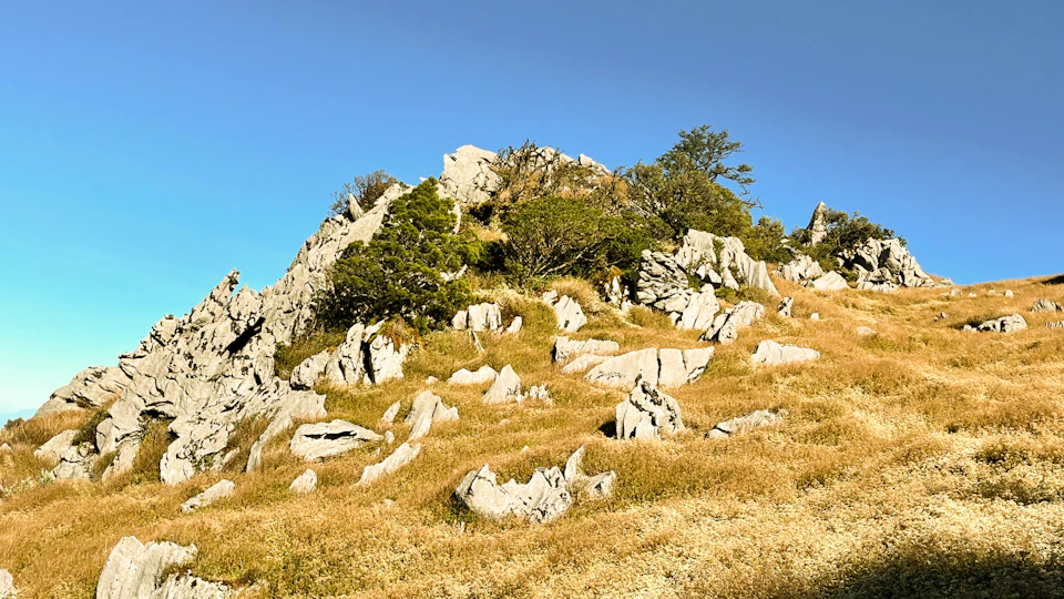 The image depicts a rocky hillside with patches of grass and shrubs, set against a clear blue sky. The perspective is from below, looking up at the hill's steep incline. The rocks are predominantly gray and brown, scattered across the landscape in various sizes and shapes. Some rocks have small plants growing on them, adding a touch of green to the otherwise rocky terrain.