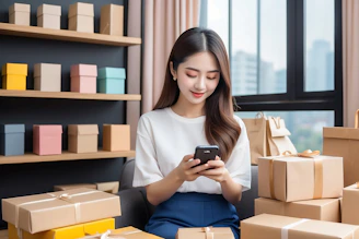 A woman sitting on a couch looking at a cell phone
