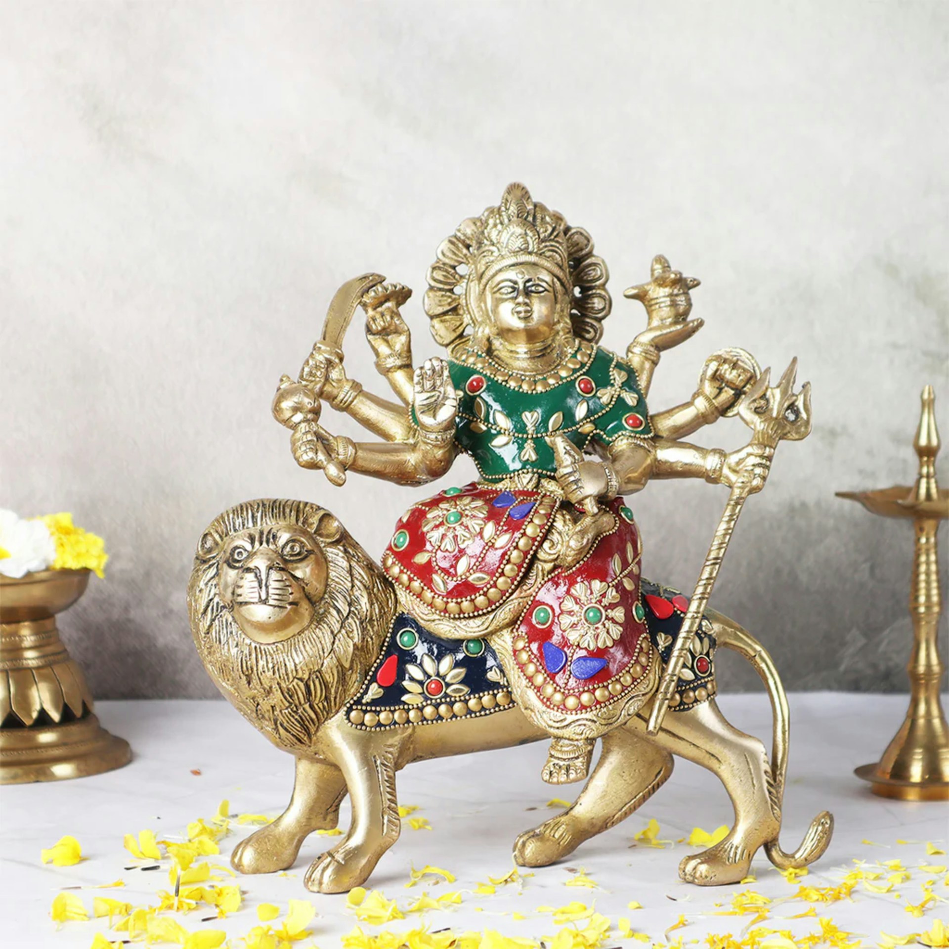 A golden statue of a lion holding a sword