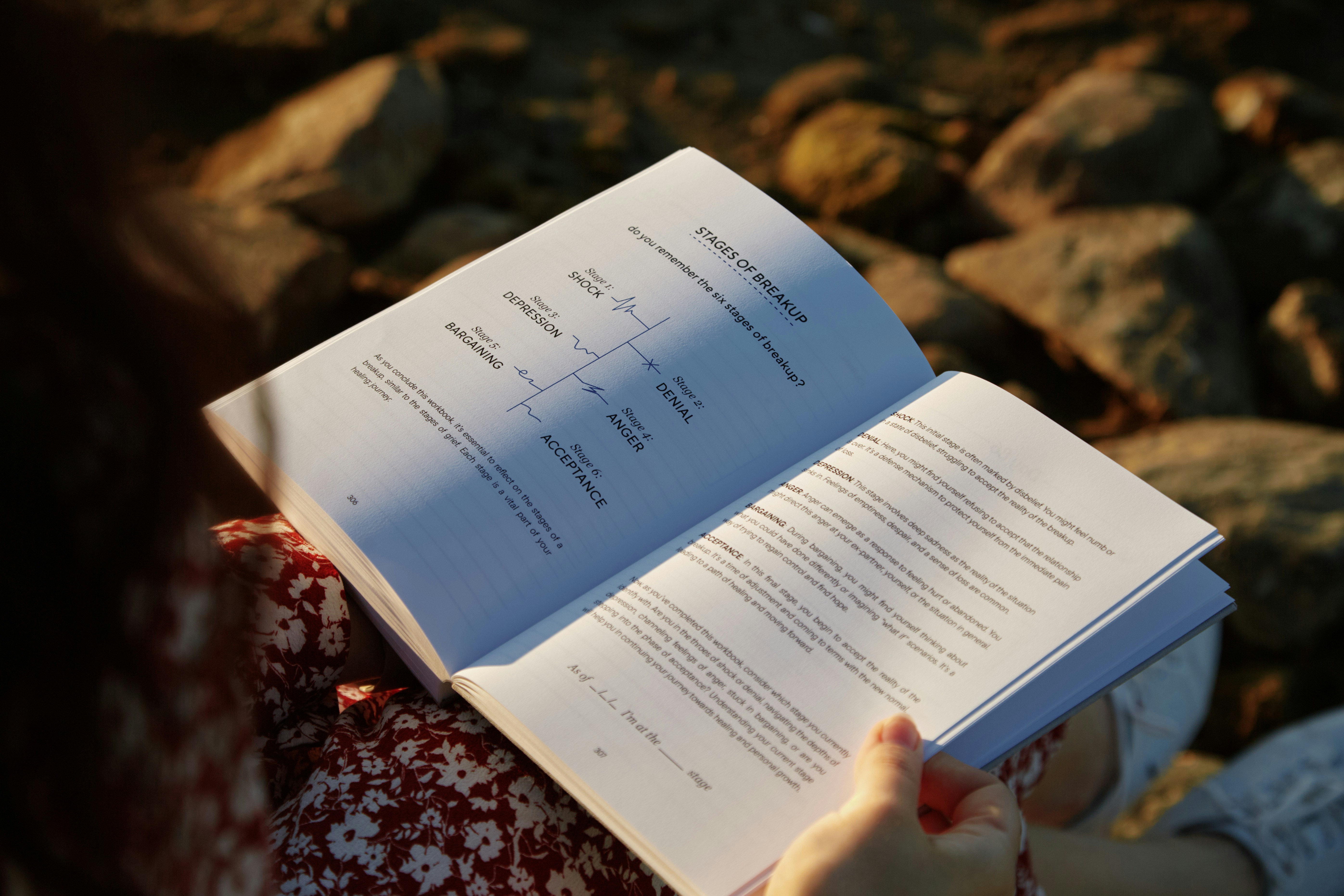 A woman reading a book on a rocky beach
