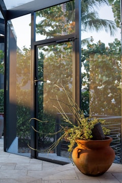 A large vase with a plant inside of it