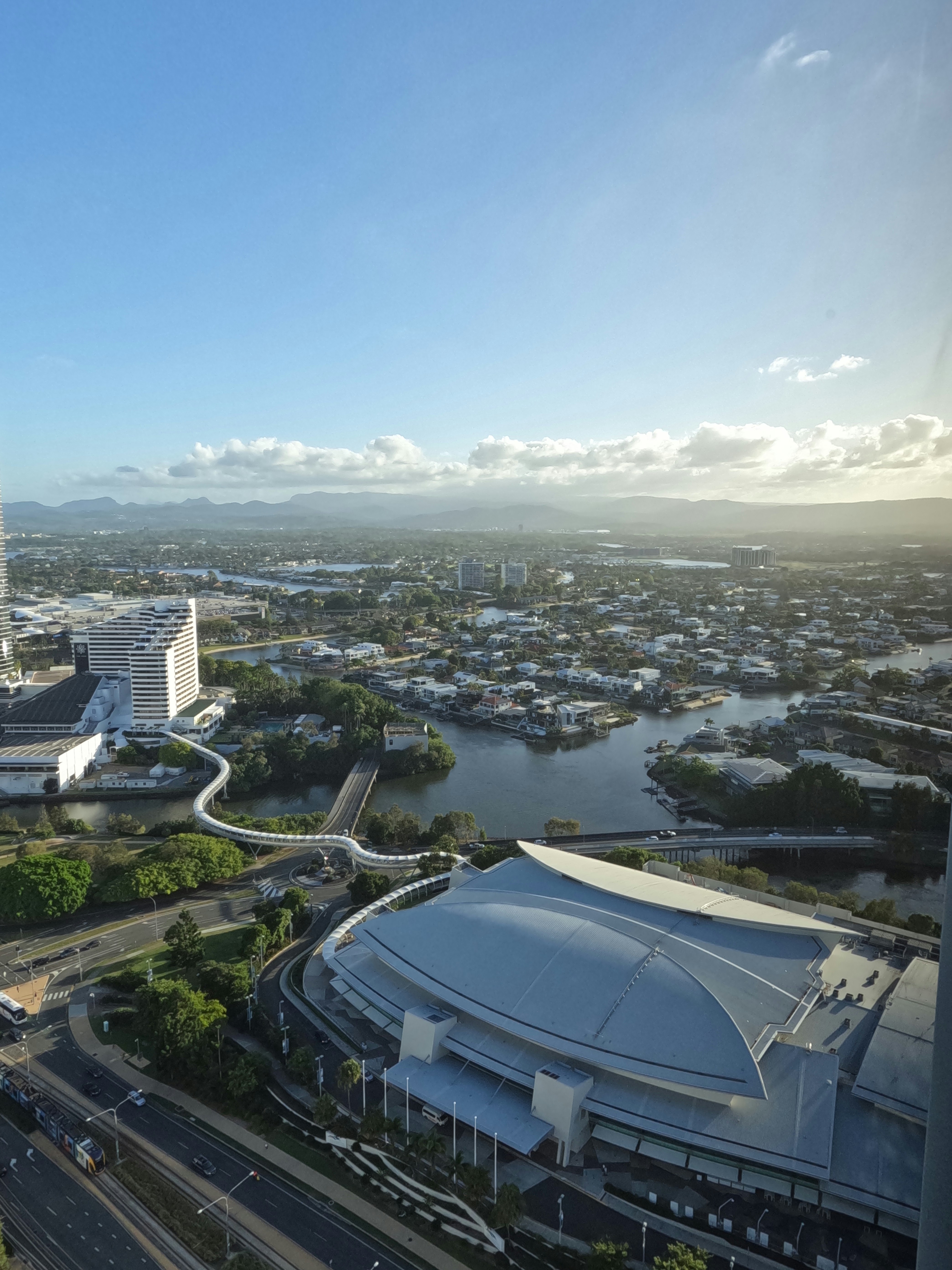 An aerial view of a city with a river running through it