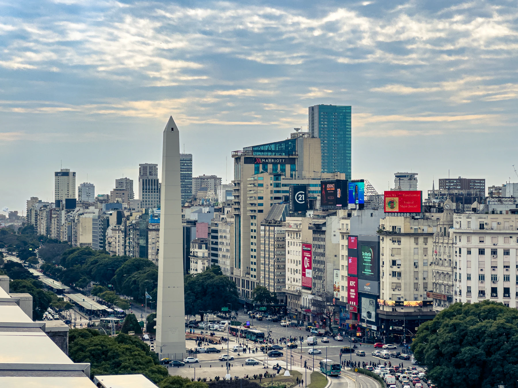 The Obelisk and Avenida 9 de Julio surrounded by the Buenos Aires skyline