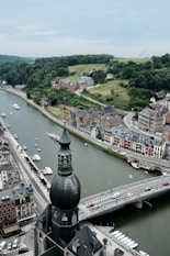 An aerial view of a city and a river