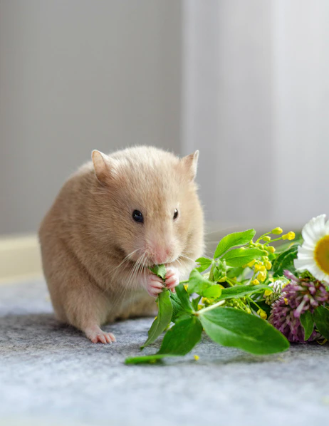 A hamster eating a flower on the floor