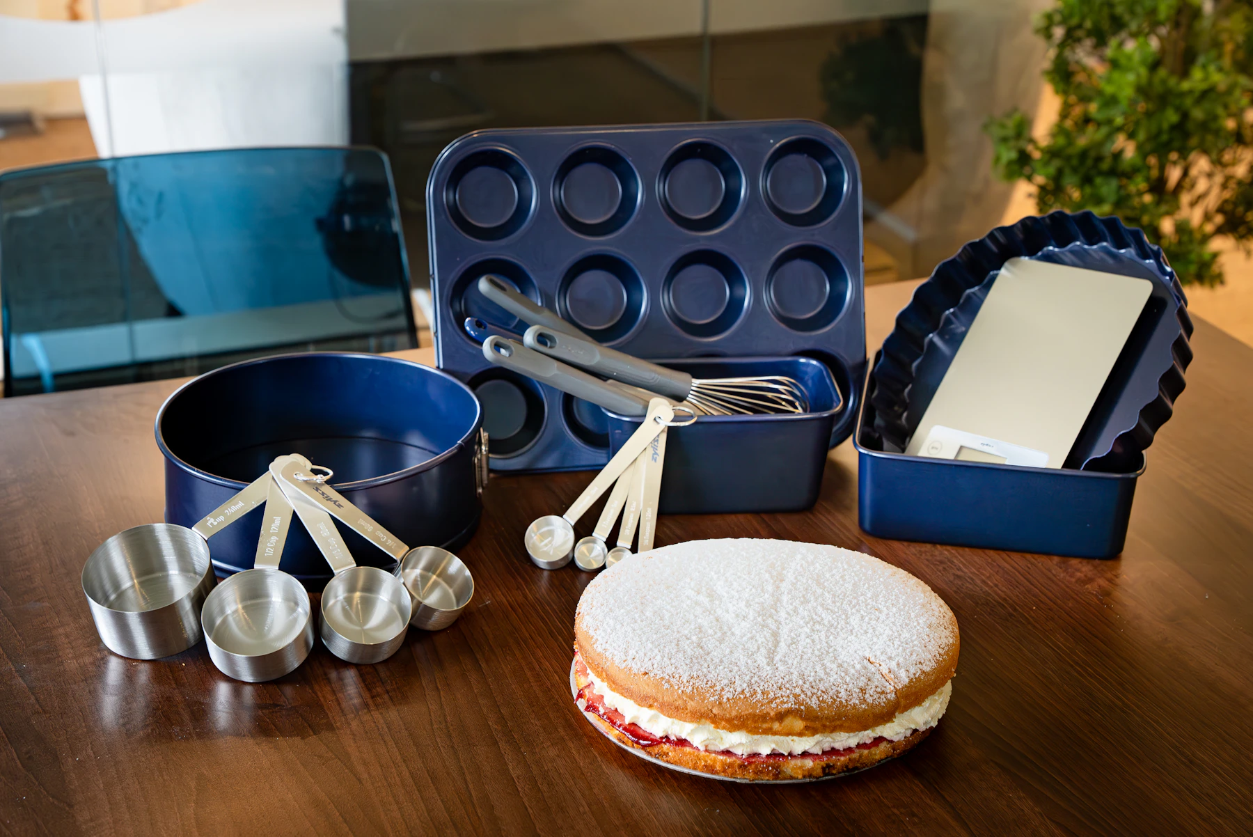 Bakeware, baking pan and utensils arranged for home baking