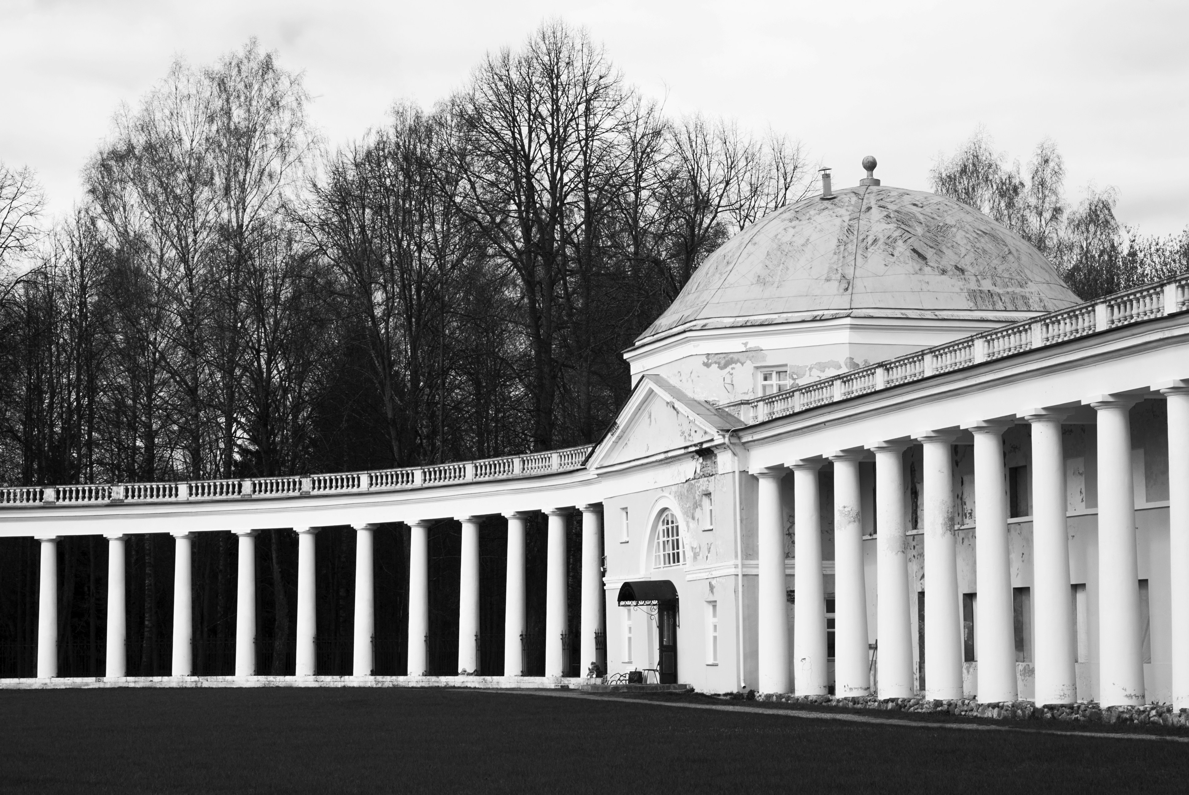 A black and white photo of a building with columns
