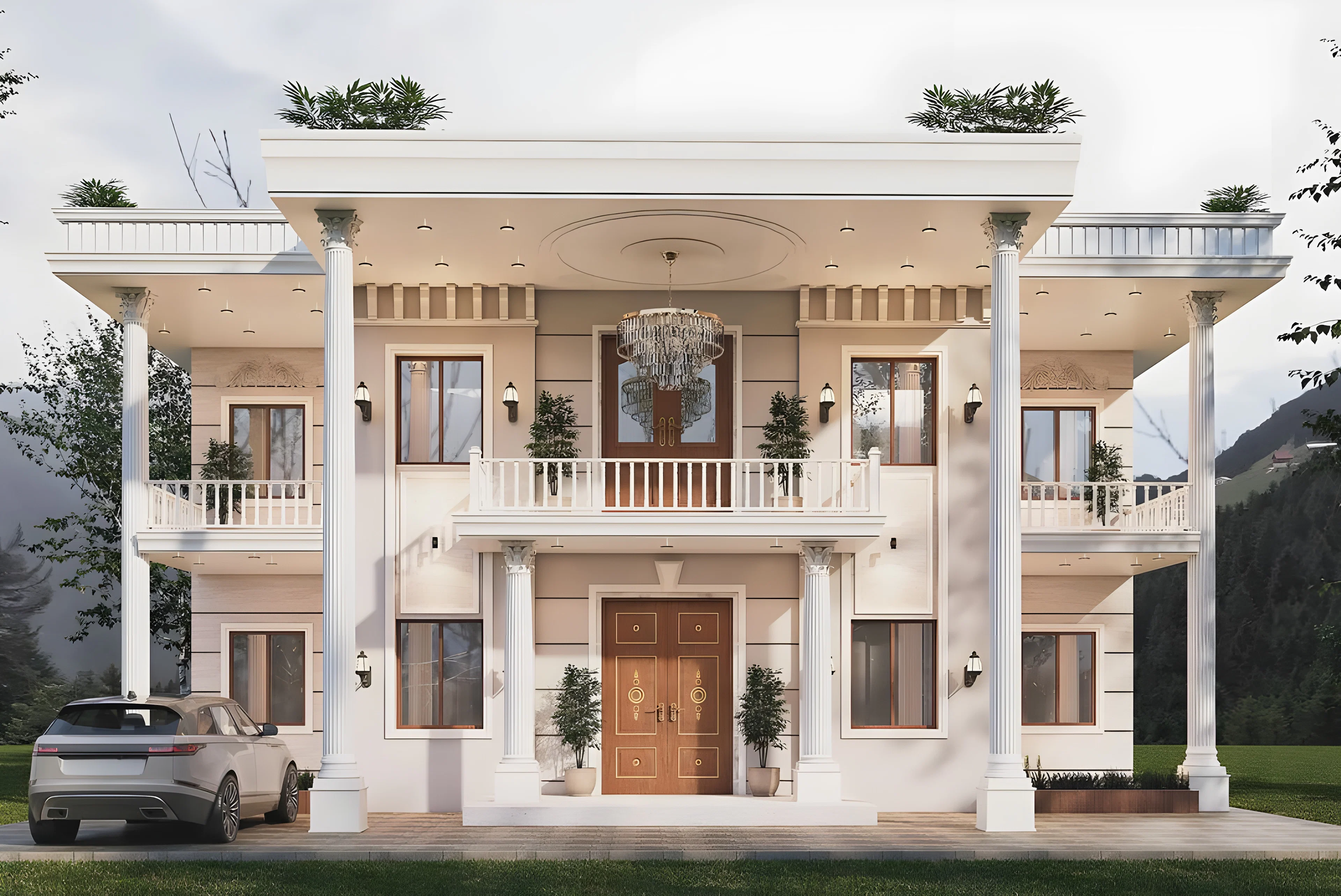 White bungalow with columns and a covered entrance