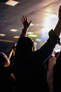 A crowd of people raising their hands in the air