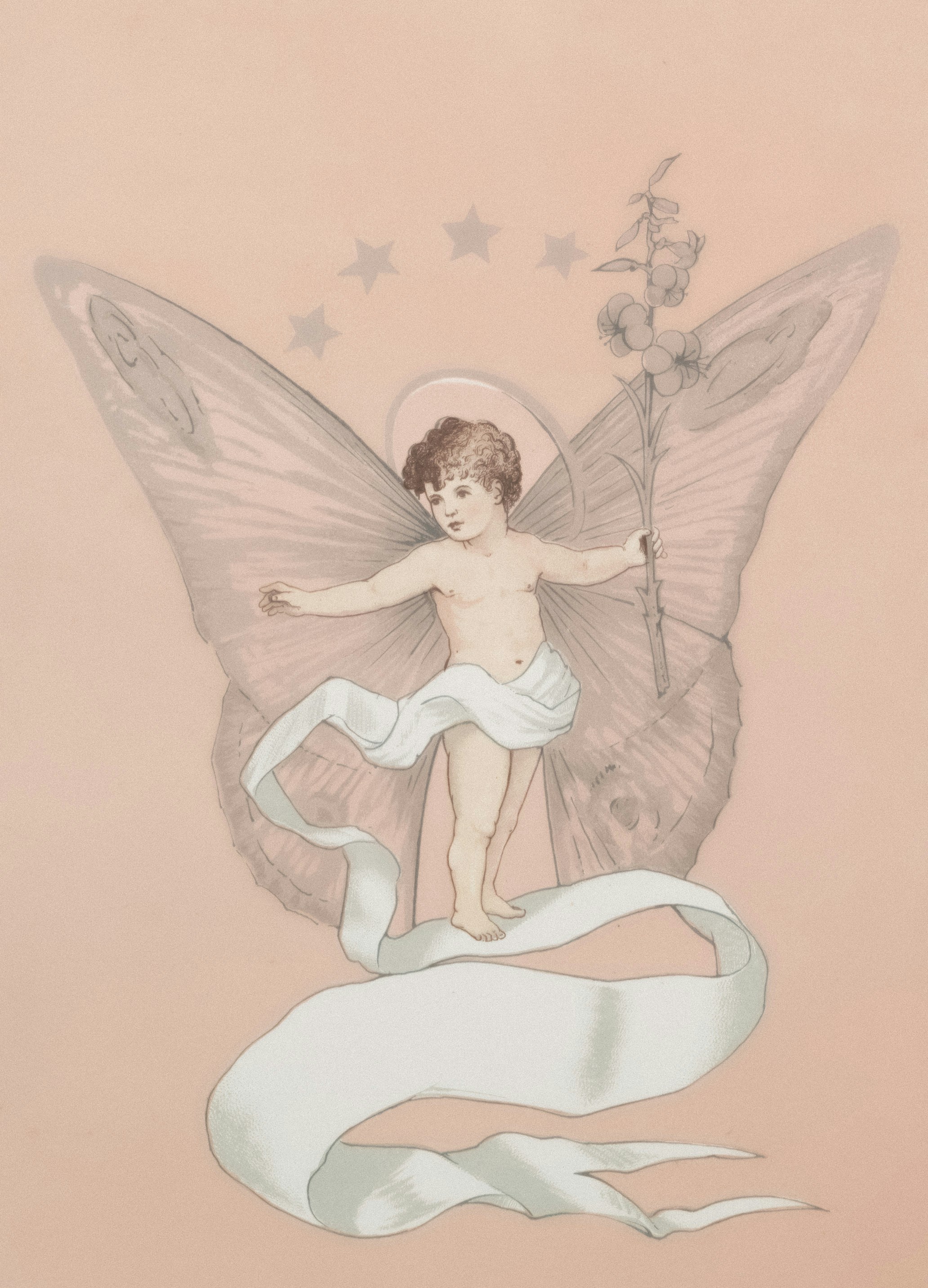 A child with butterfly wings holds a staff with flowers.