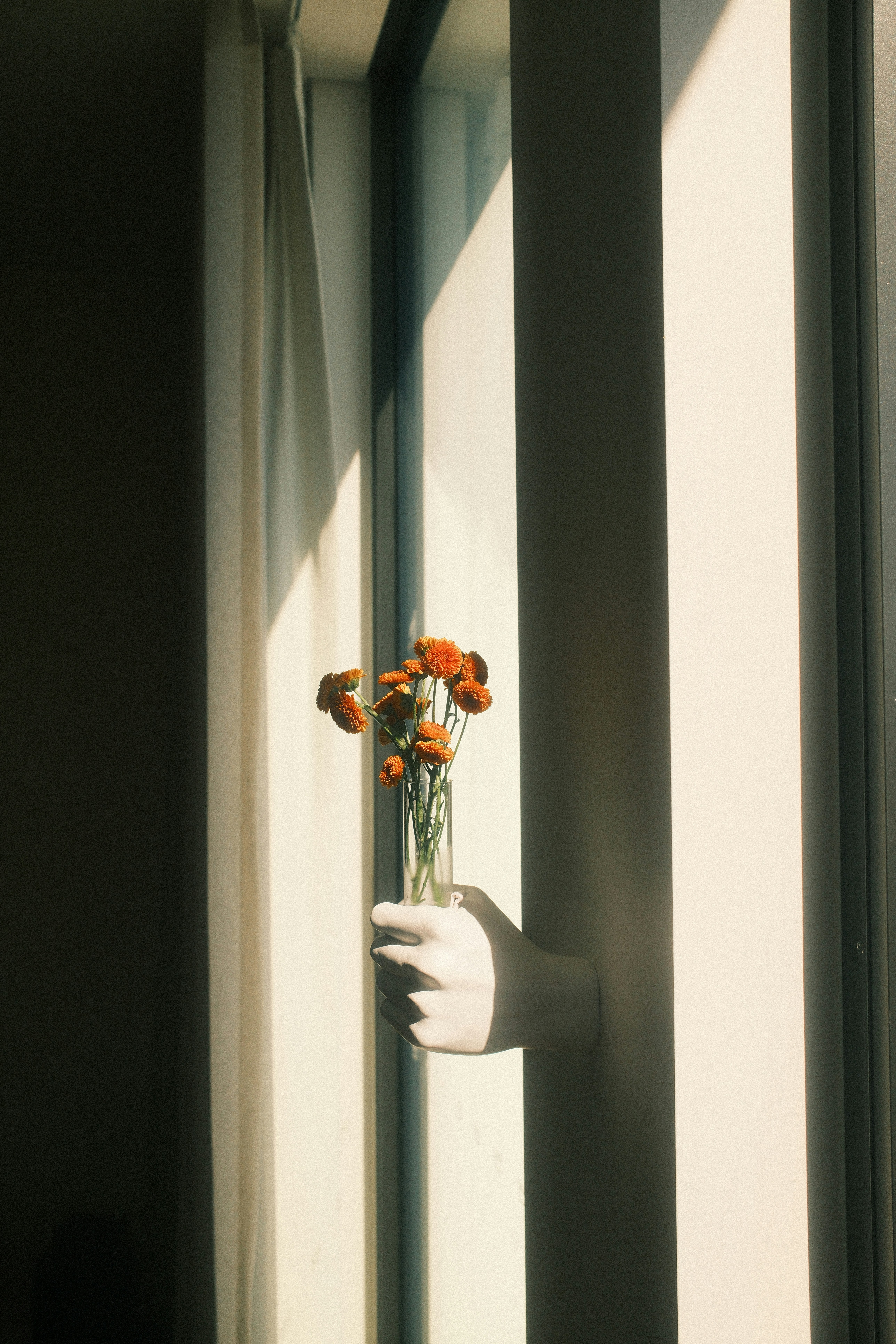 A hand holding a vase with flowers in it