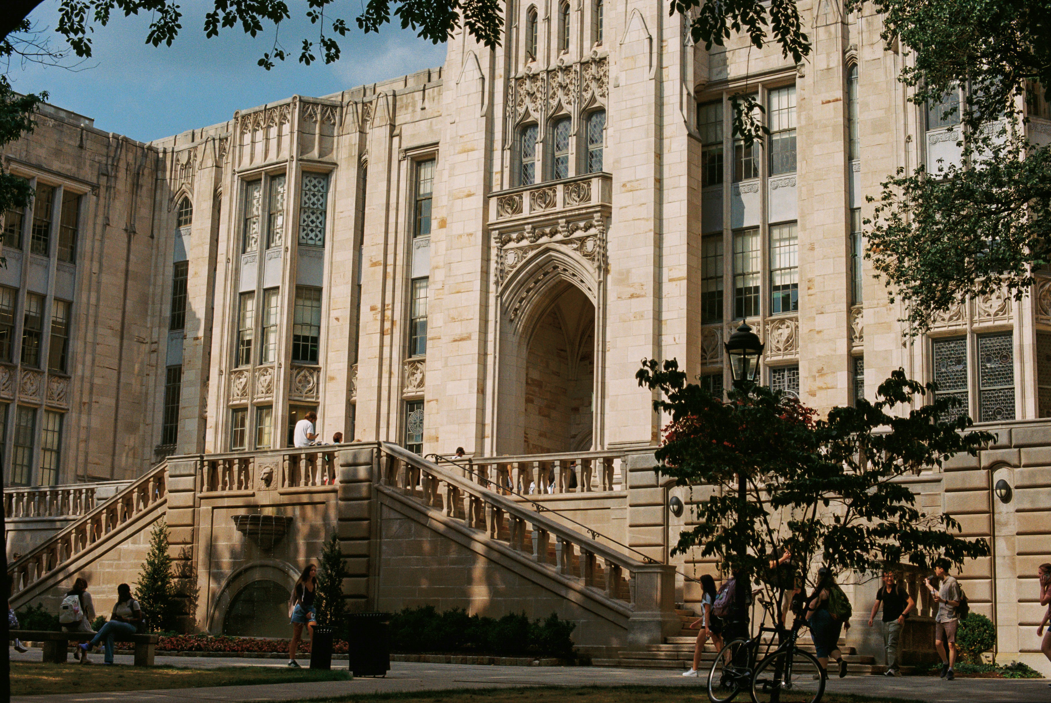 A large building with a lot of windows and stairs