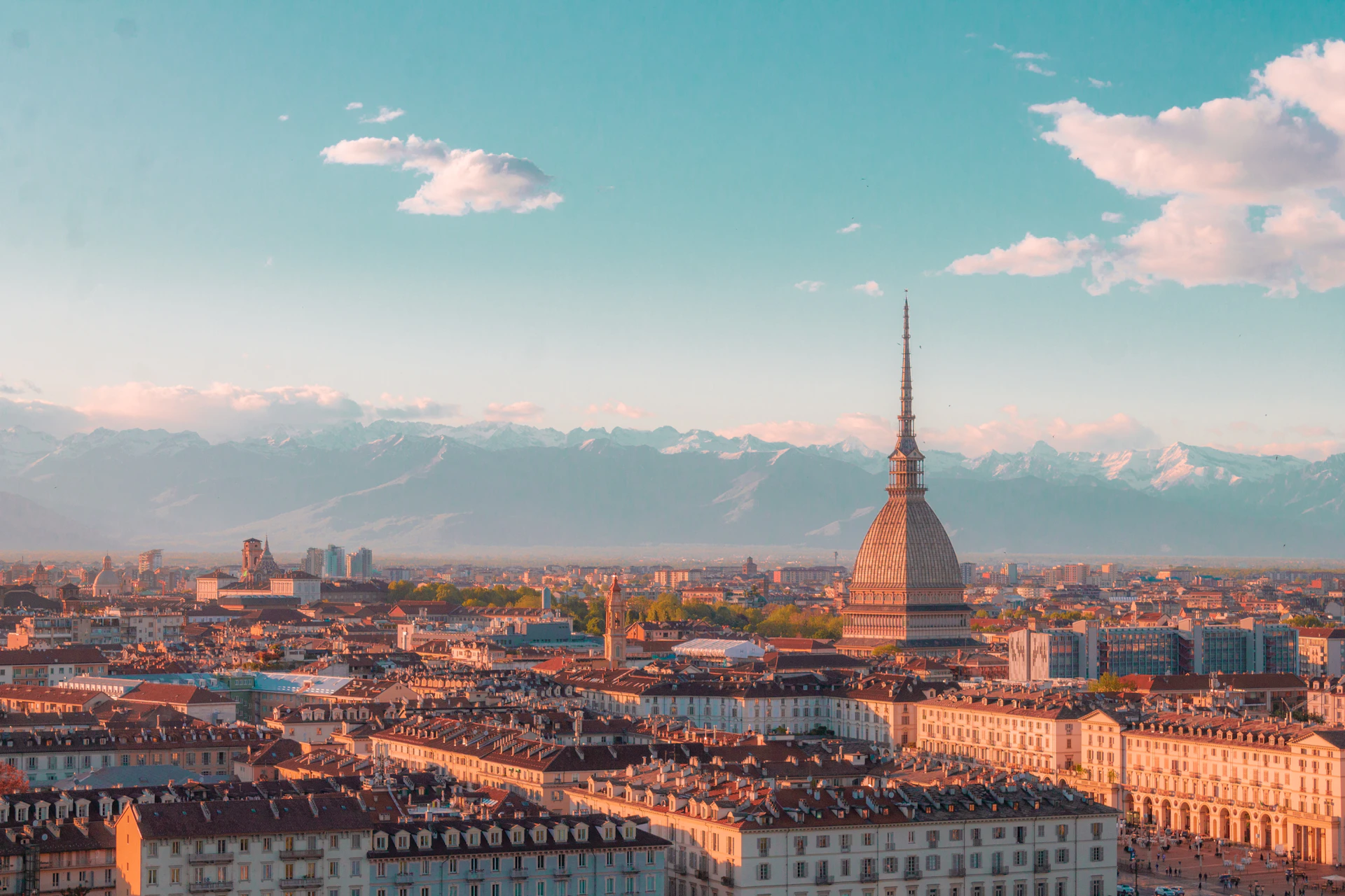 An aerial view of a city with tall buildings