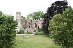 Two people are walking through the trees in front of a castle
