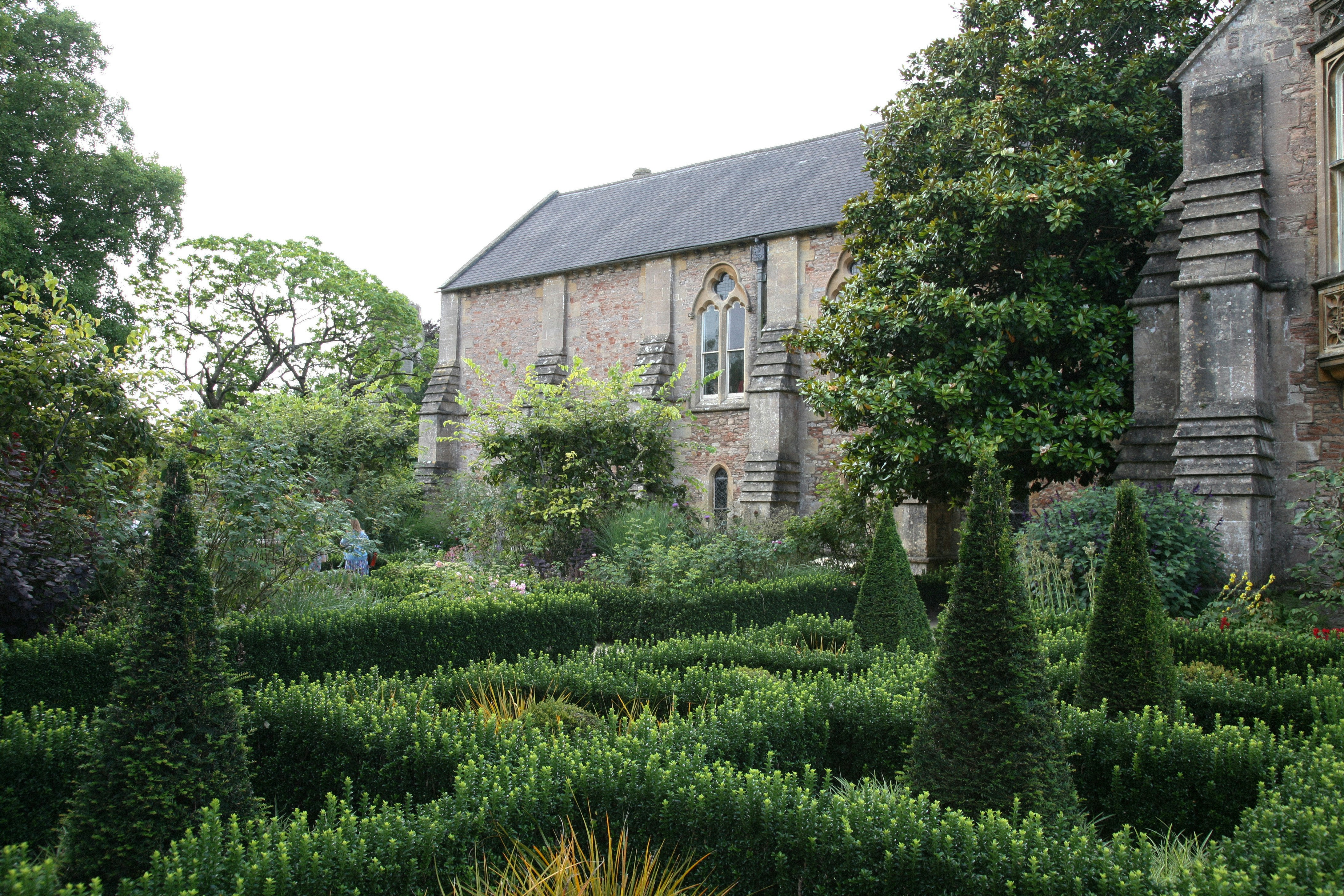 A garden with a building in the background