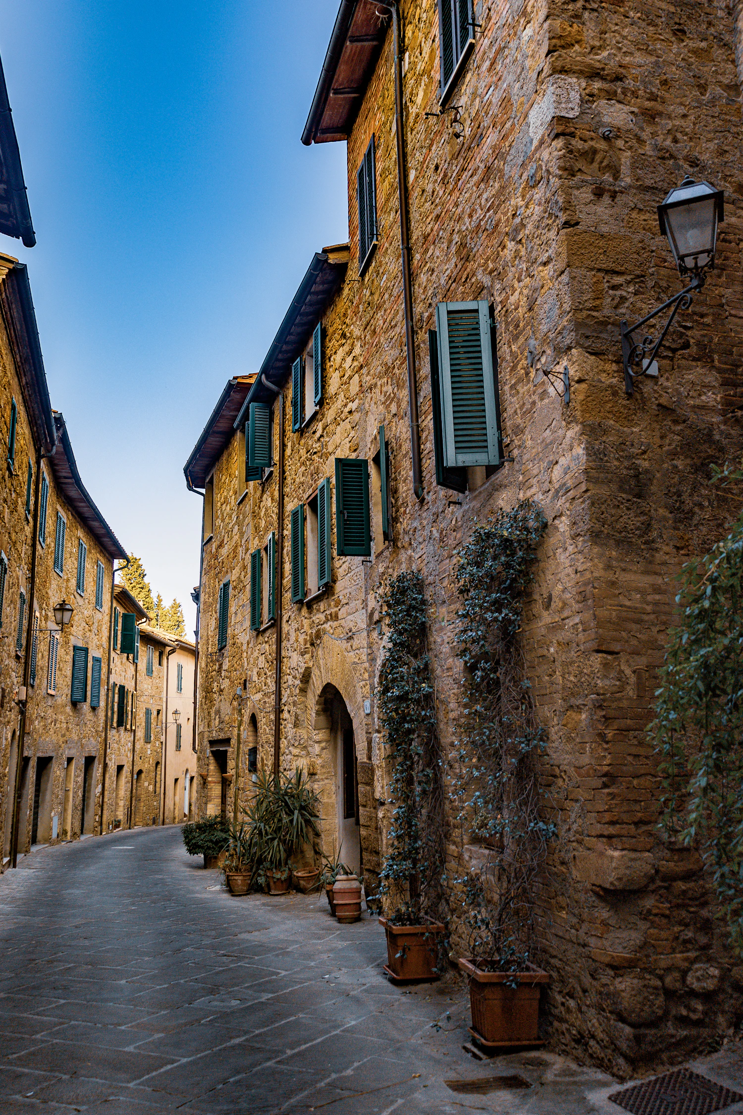 A narrow stone street in a Tuscan hill town with green shutters and potted plants against the walls