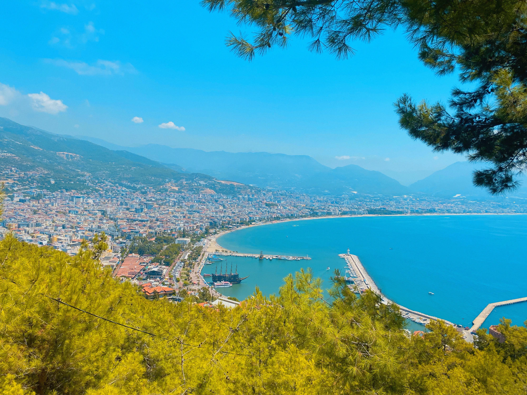 Aerial view of the Alanya coastline and Mediterranean sea in Antalya, Türkiye