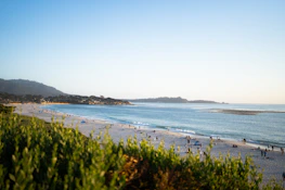 A view of a beach with people walking on it