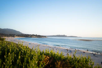 A view of a beach with people walking on it