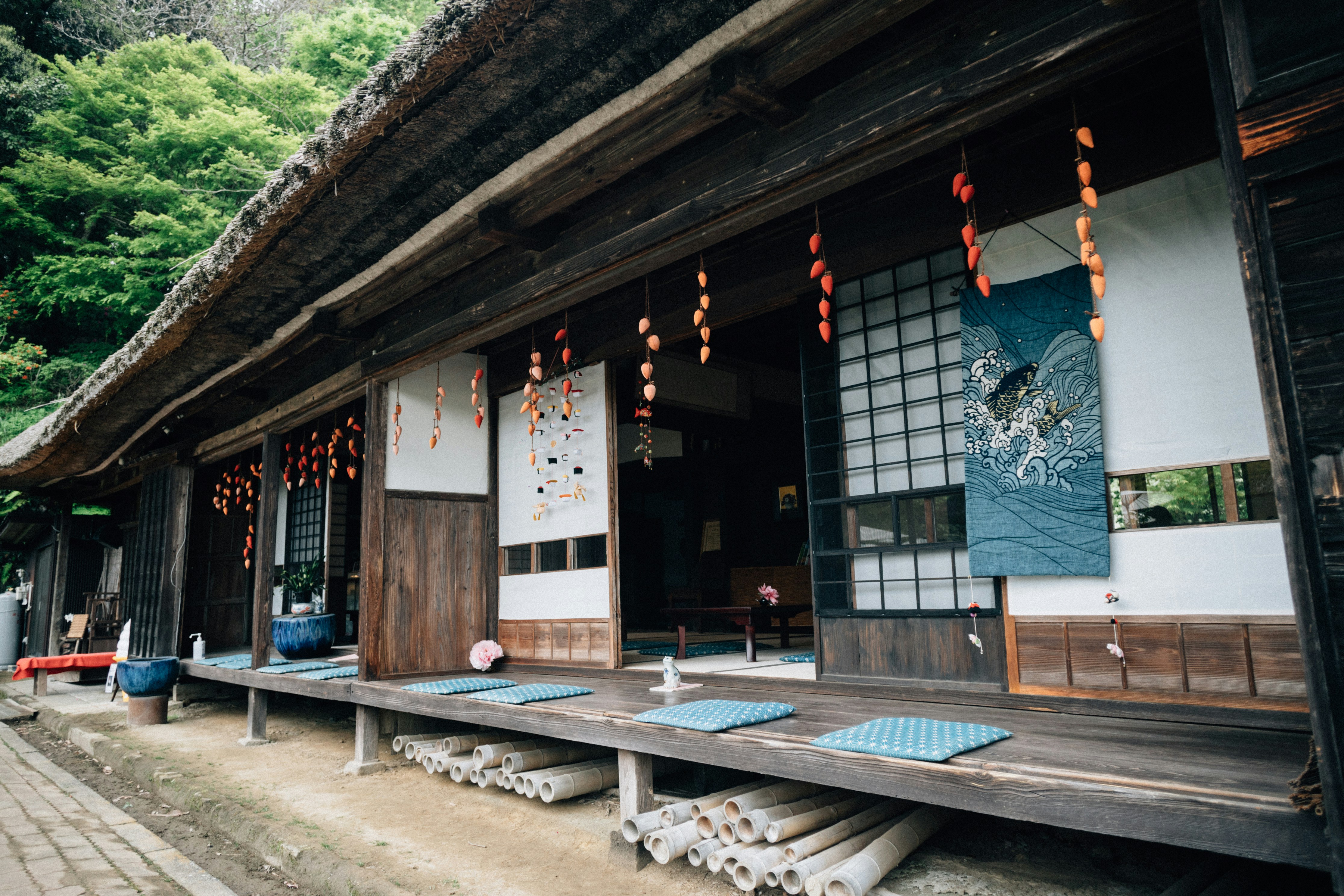 A row of wooden buildings sitting next to each other