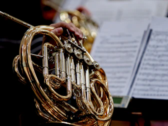 A close up of a person holding a french horn