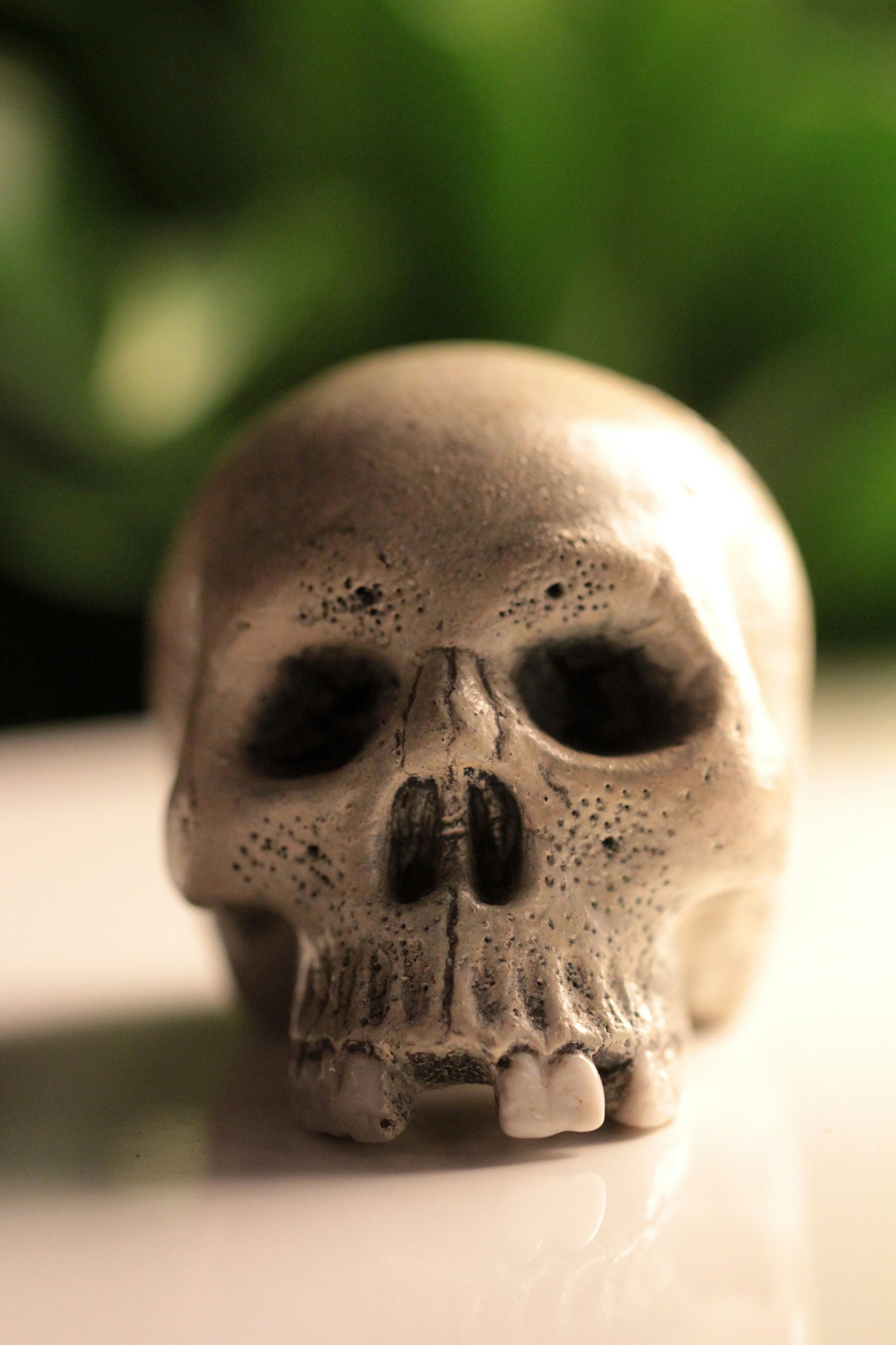 A close up of a skull figurine on a table