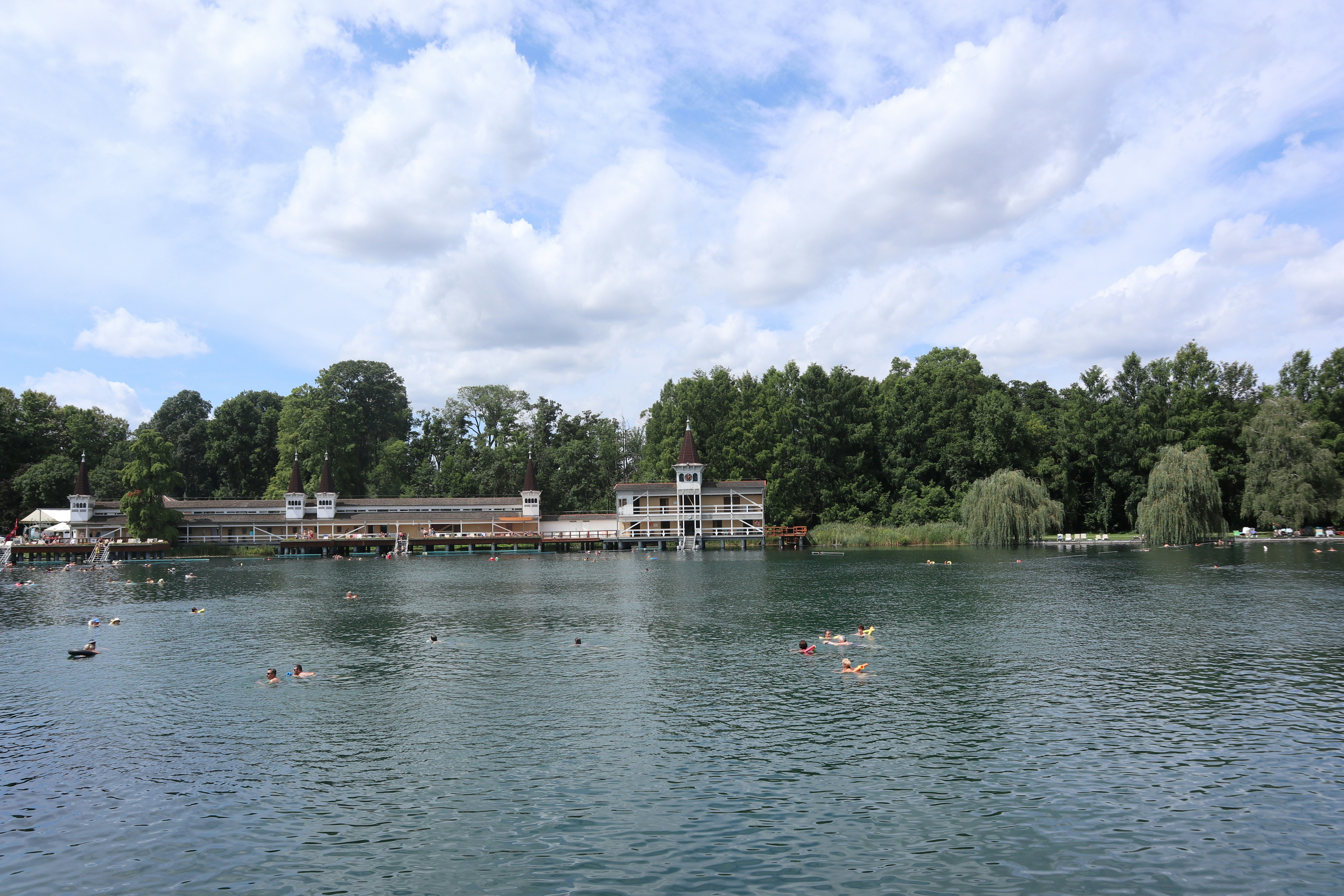 A body of water with a bridge in the background