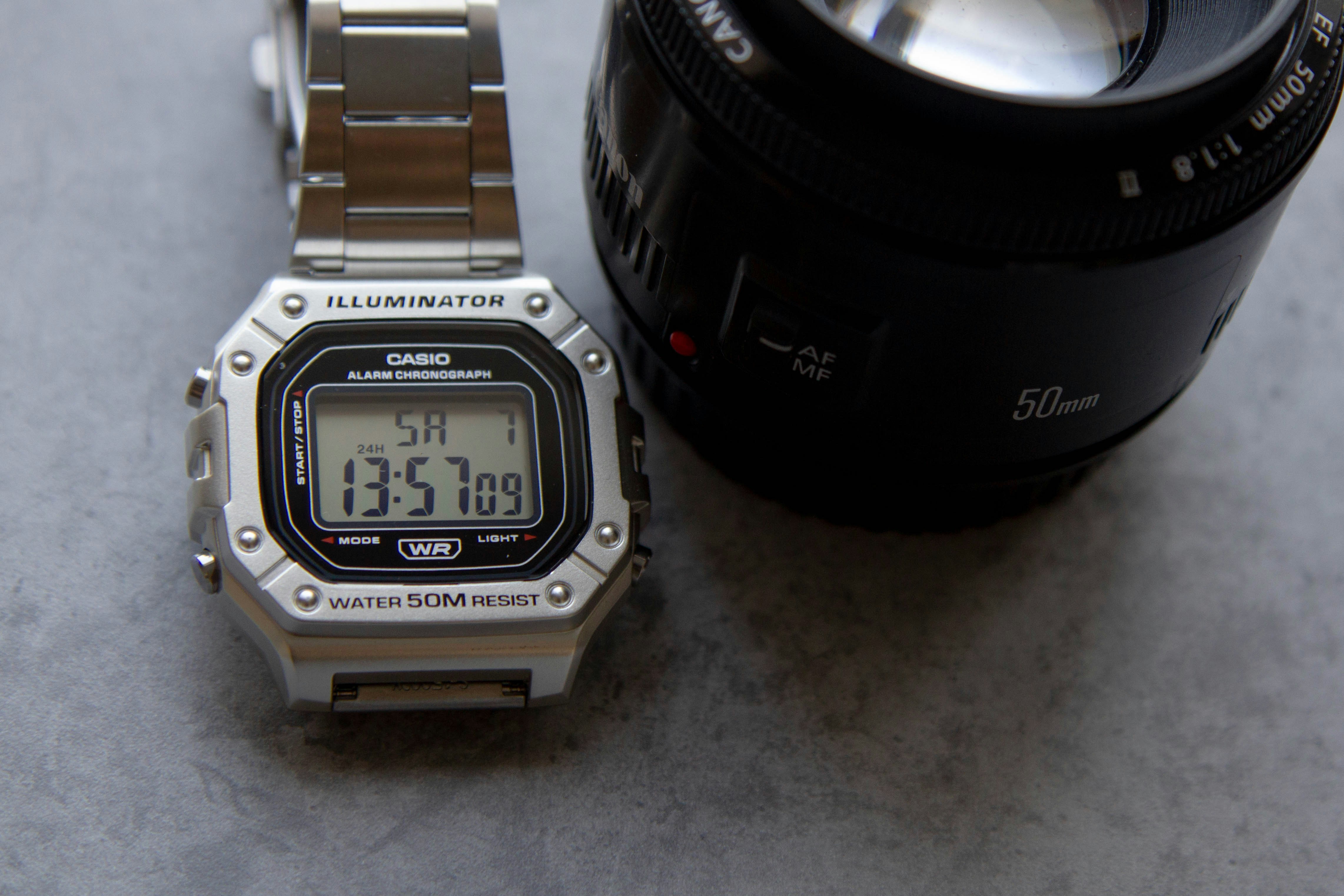 A watch and a camera on a table
